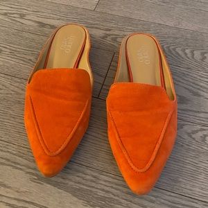 Franco Sarto orange suede slip on mules loafers